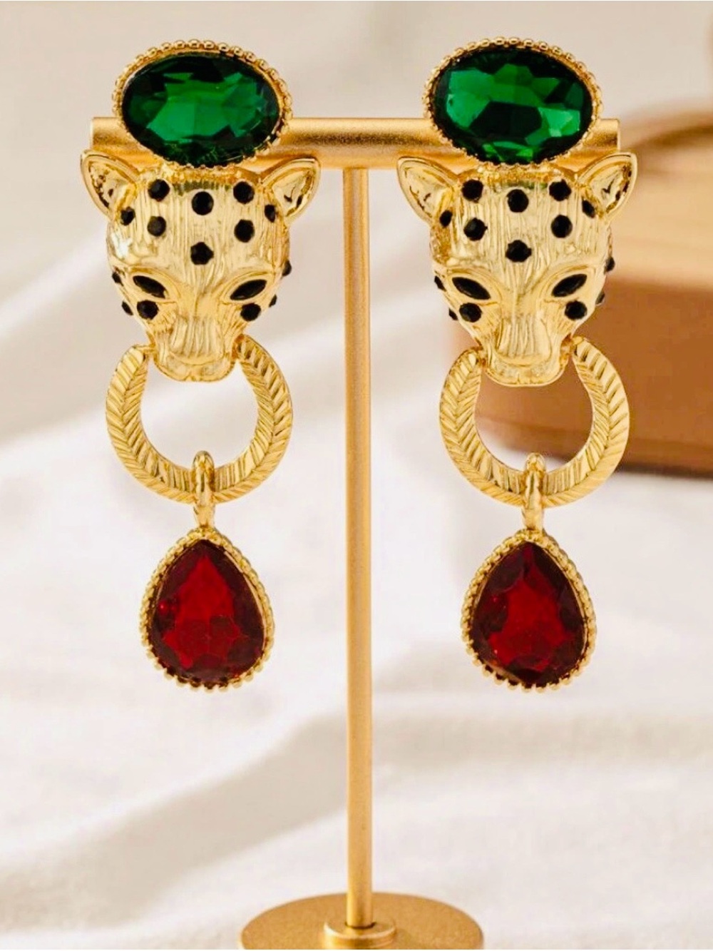 Baroque Gold Leopard Drop Statement Earrings with Green and Red Gemstones NWT - Picture 3 of 4